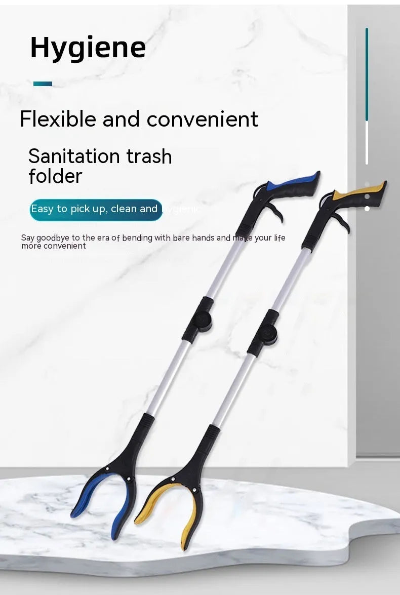 Foldable aluminium garbage pick-up clamp with extended pincers and a coloured handle, shown next to its magnet sucker attachment.