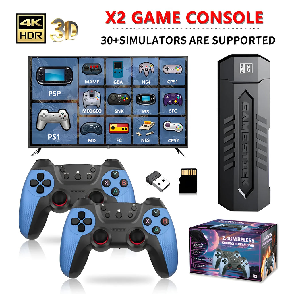 X2 Blue game console with two wireless controllers and HDMI cable on a table