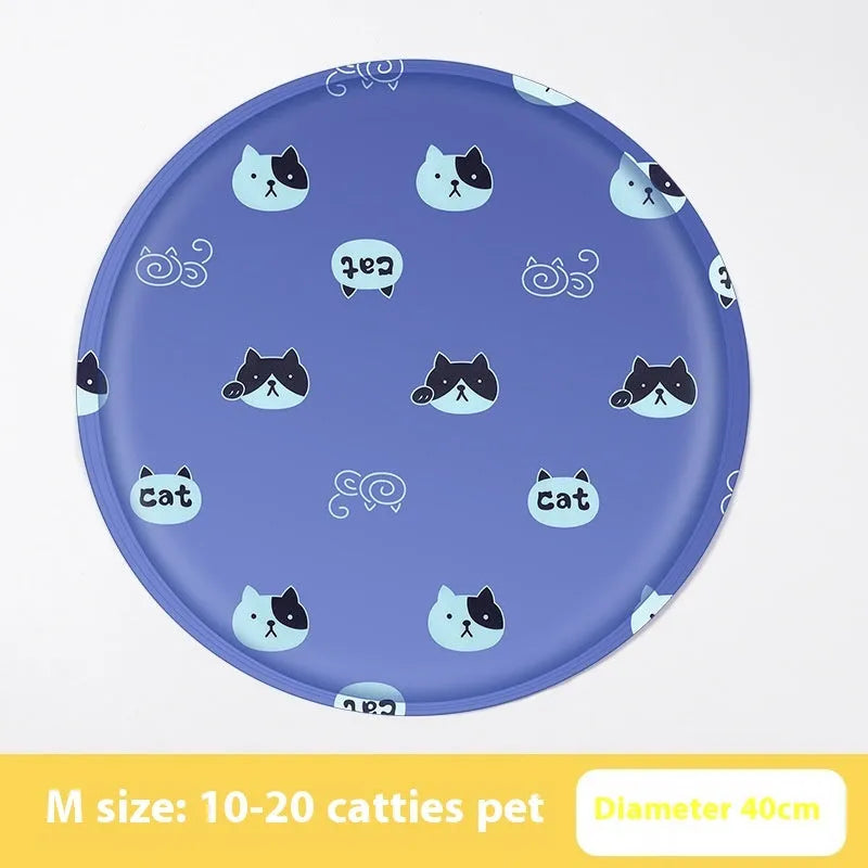 Round pet cooling mat with cartoon dog design, gel-filled for summer heat relief.