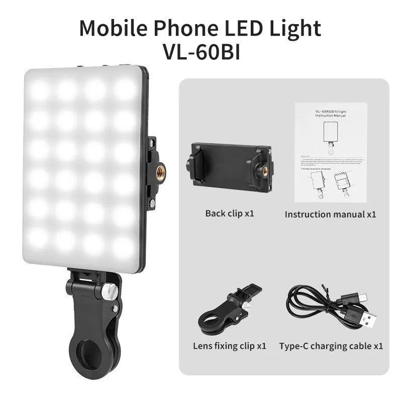 Handheld LED pocket fill light with clip attachment for mobile phone photography