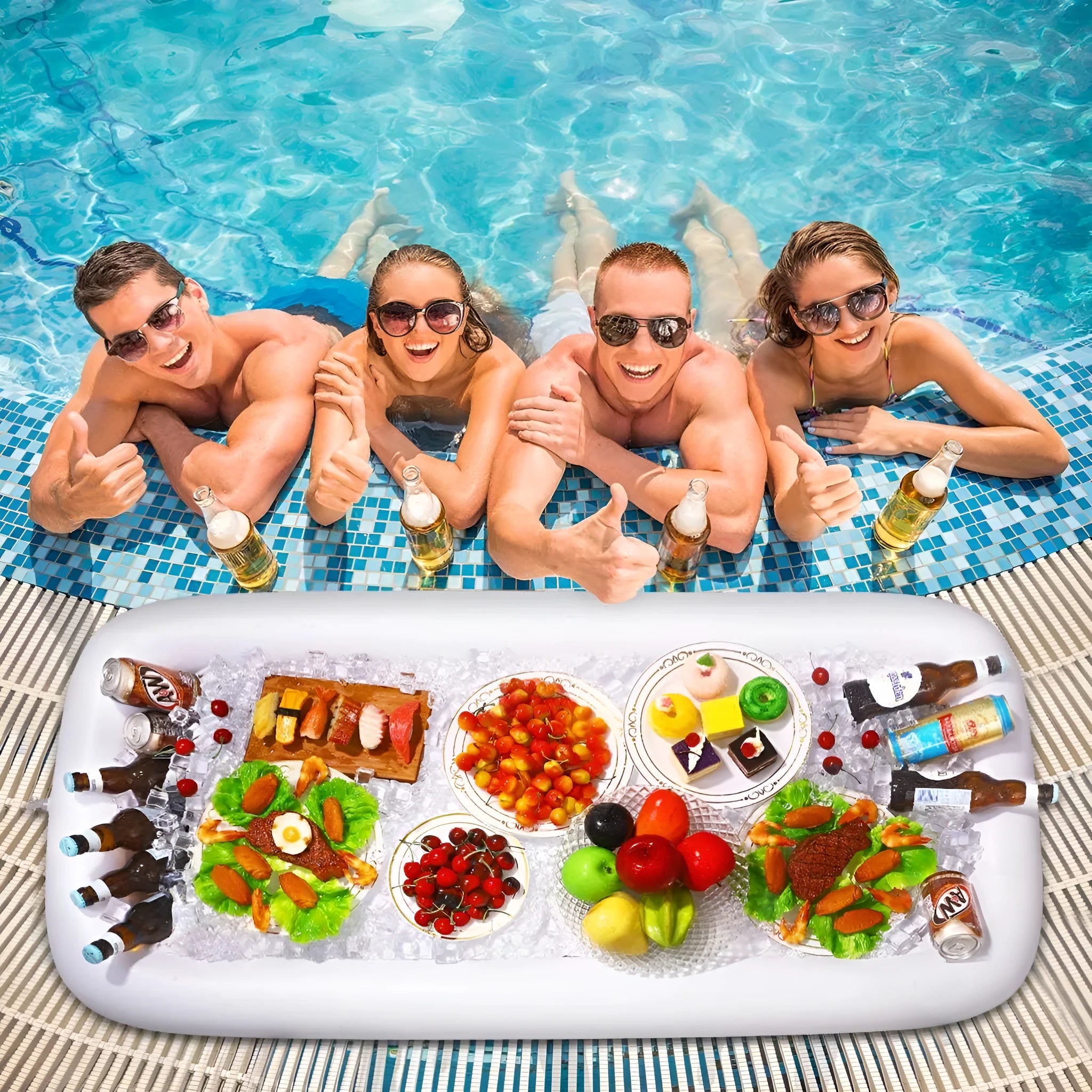 Inflatable white ice bar for parties with cup holders, shown at full size after inflation.