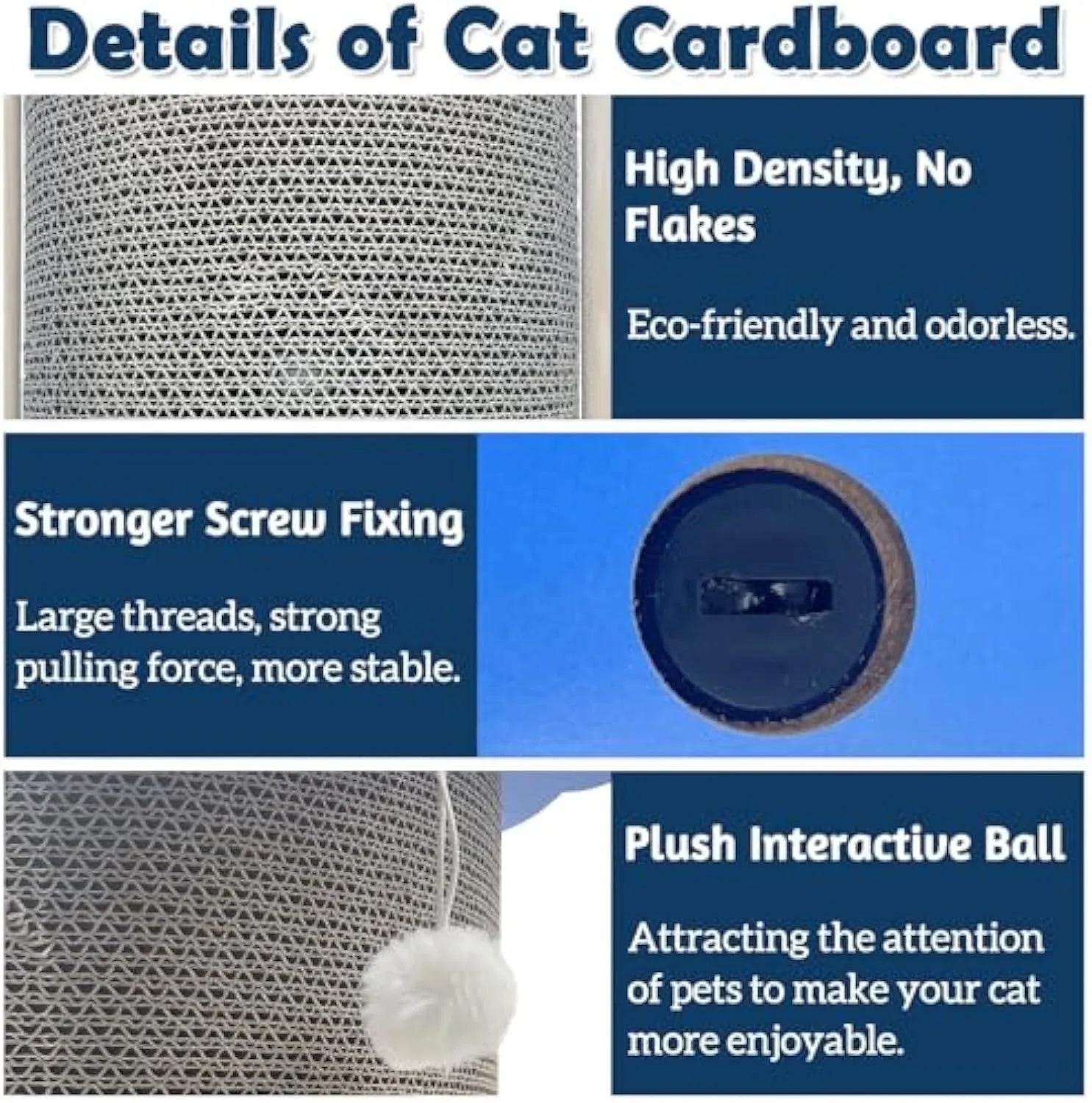 Corner-fitting cardboard cat scratching pad with a dangling ball toy.