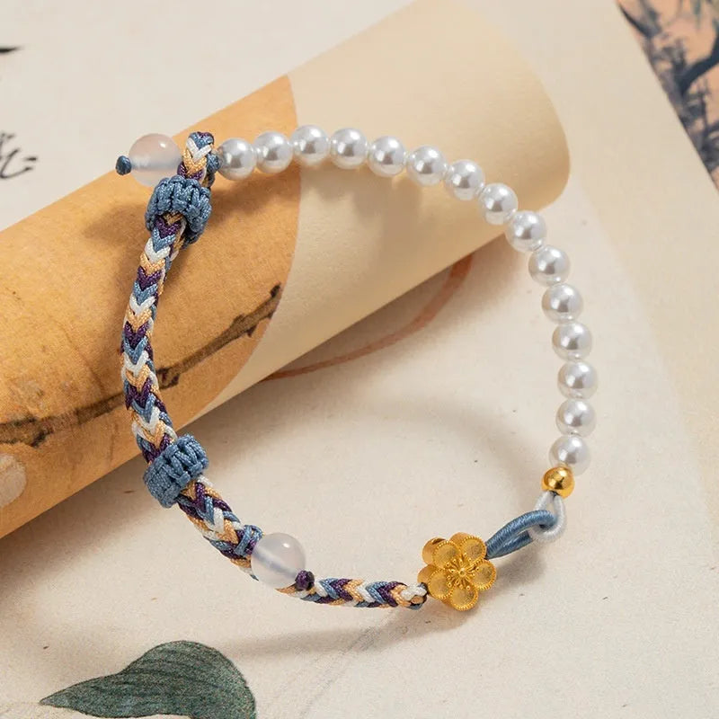 Sterling silver chalcedony carrying strap bracelet with Chinese flower weaving in peach colour