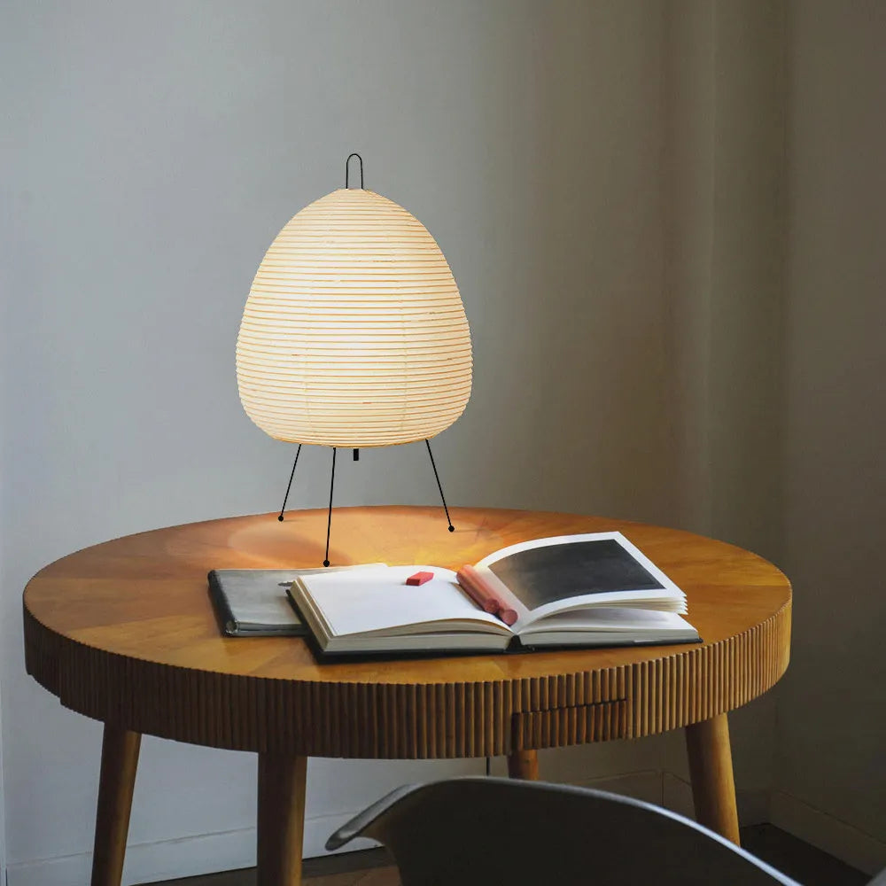 Japanese style rice paper table lamp with aluminium base and handmade shade showing three-tone dimming controls