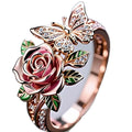 Colourful oil droplet finish butterfly personality ring with adjustable alloy band and floral insect motifs