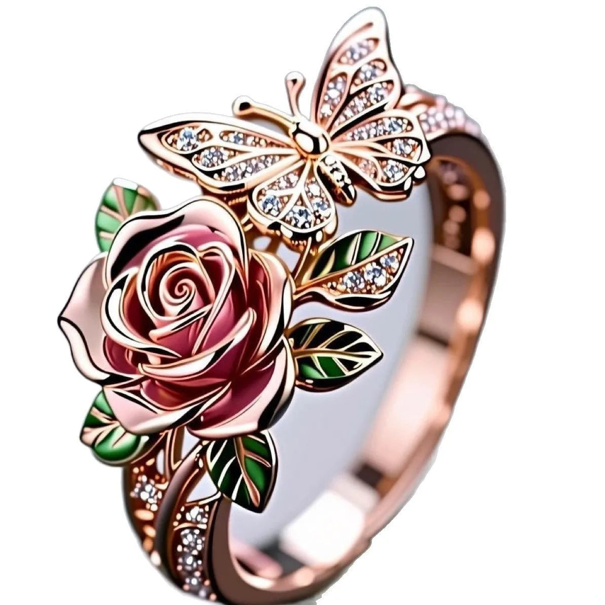 Colourful oil droplet finish butterfly personality ring with adjustable alloy band and floral insect motifs