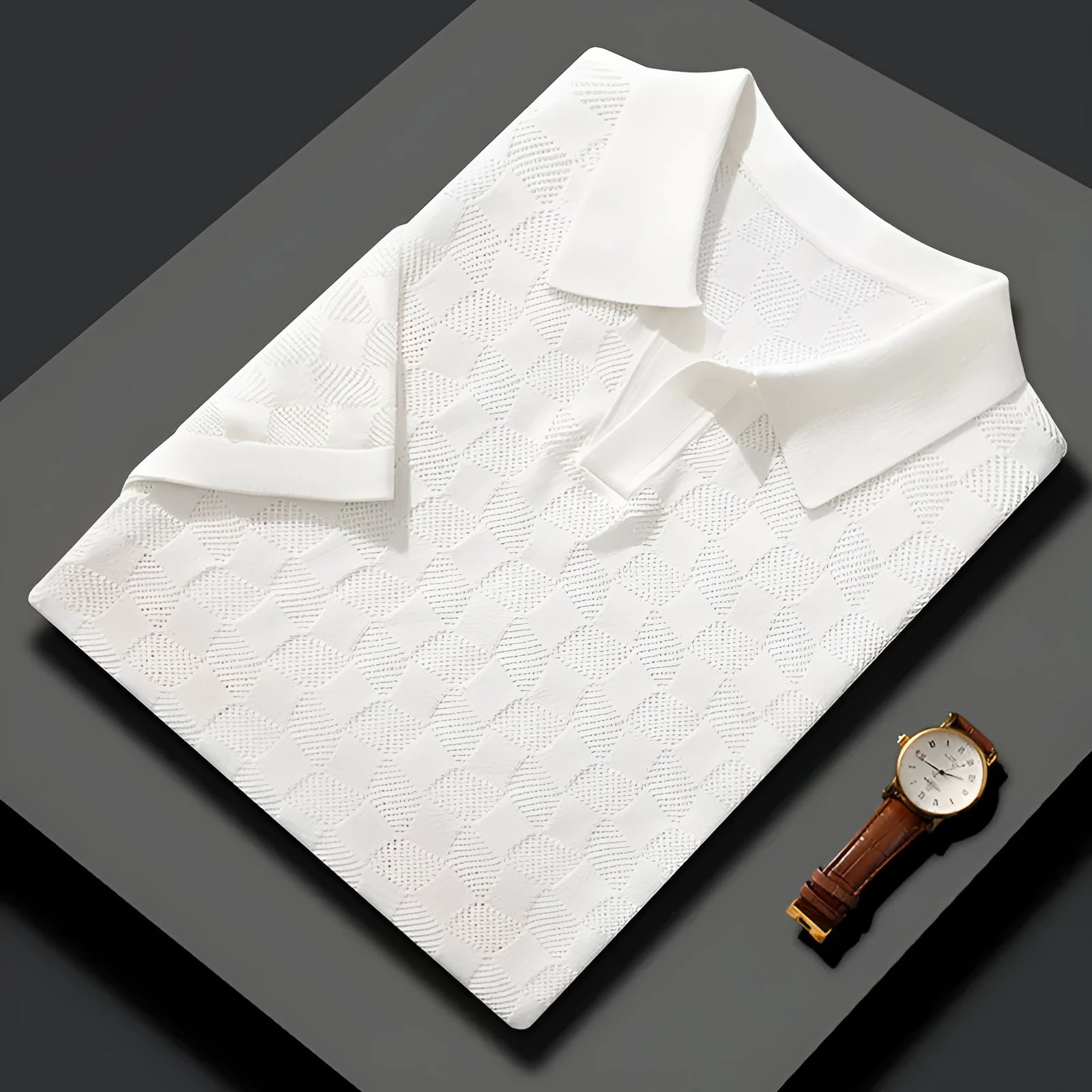 Men's mulberry silk short sleeve lapel sweater in a solid colour with Jacquard knit texture.