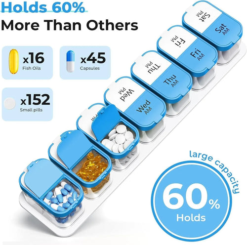 White and rainbow coloured large plastic pill organiser with 14 detachable compartments.