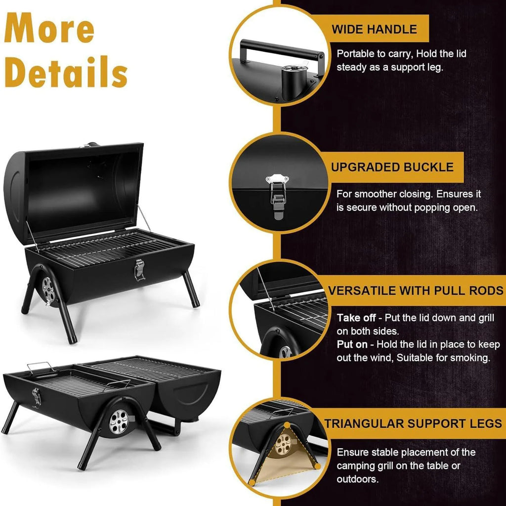 Small folding metal desktop charcoal barbecue grill for portable outdoor cooking.