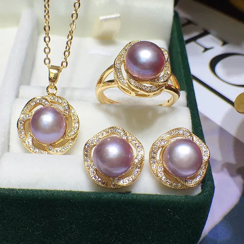 8-9mm freshwater pearl necklace, earrings and ring set with box and chain in six colours