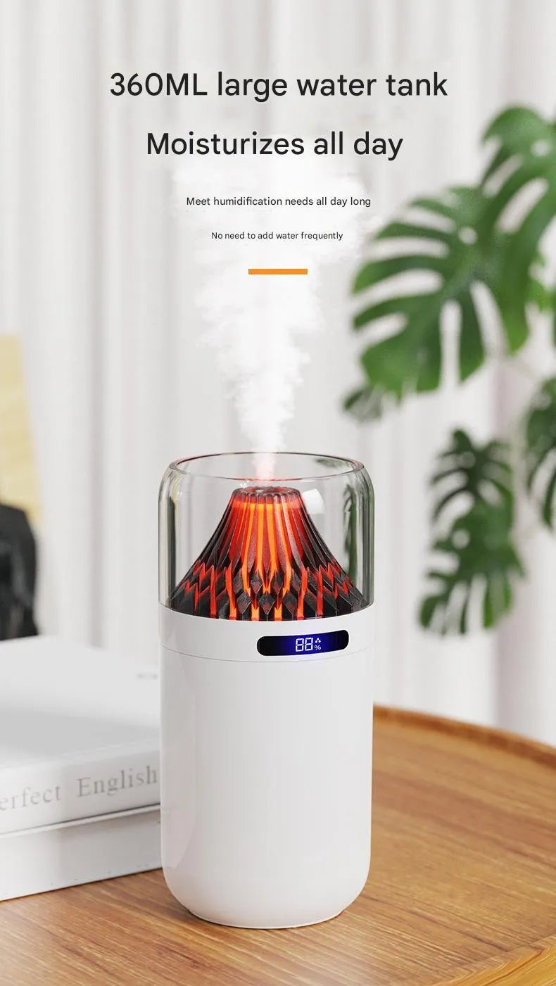 Volcano USB humidifier with digital display in black, compact size for car or desk use
