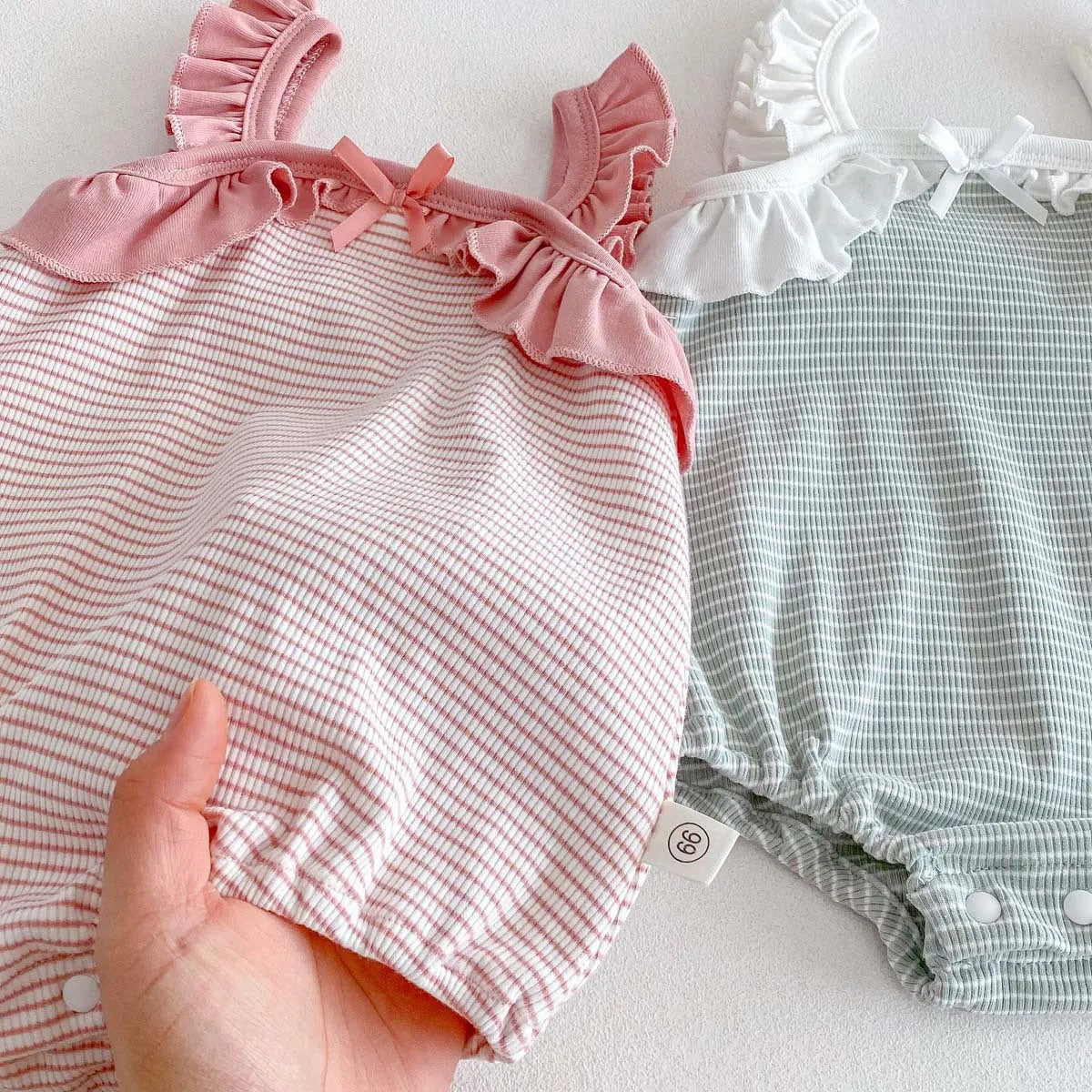 Girls summer jumpsuit in light green or pink, sleeveless cotton triangle romper with ruffle stripes, 66cm to 90cm