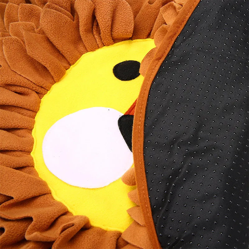 Brown lion-shaped plush sniffing pad blanket for dogs and cats with treat-hiding pockets.