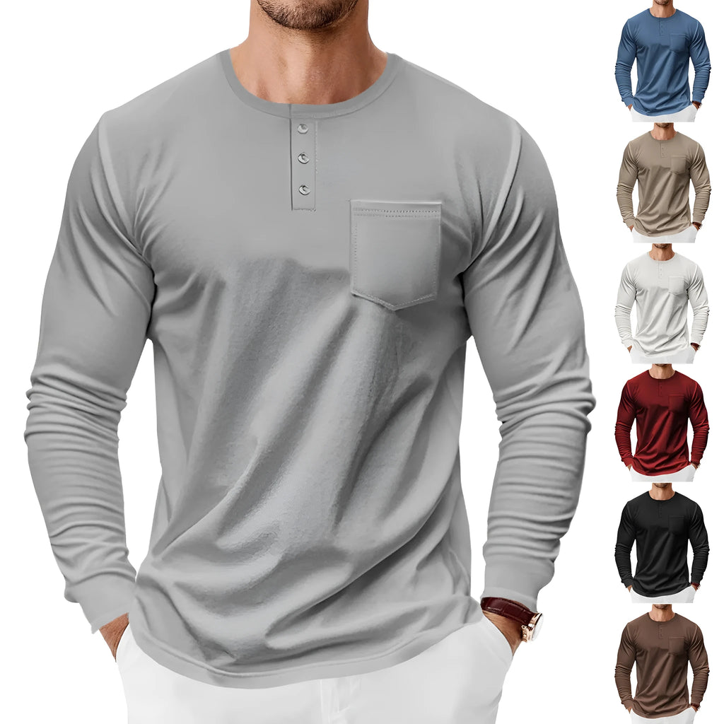Men's spring autumn long sleeve Henley shirt slim fit pullover polyester available in 7 colours including khaki and denim blue