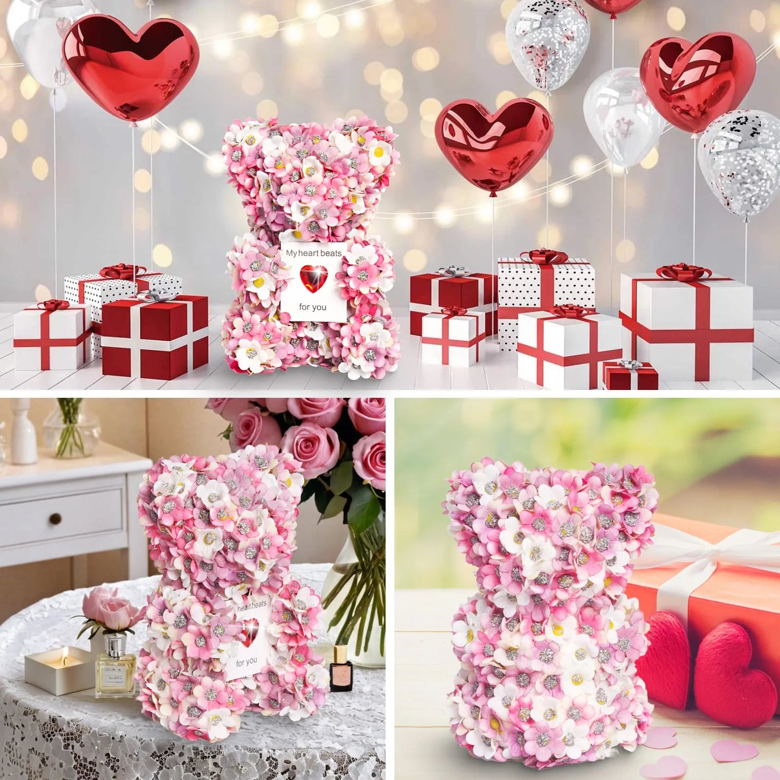 Pink handmade artificial rose bear ornament 17 cm tall polyester and foam construction Valentine's gift