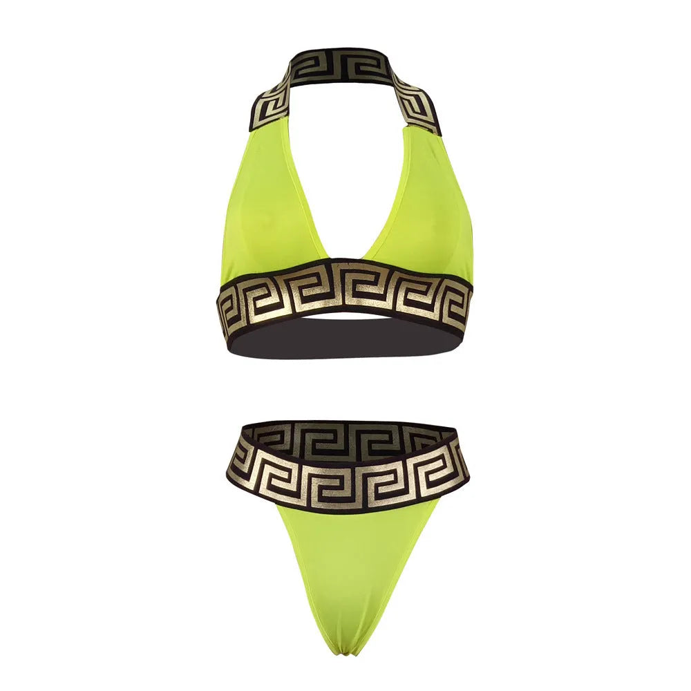 Printed bikini two piece swimsuit in polyester with no chest pad, available in five colours, Asian sizing S-XL