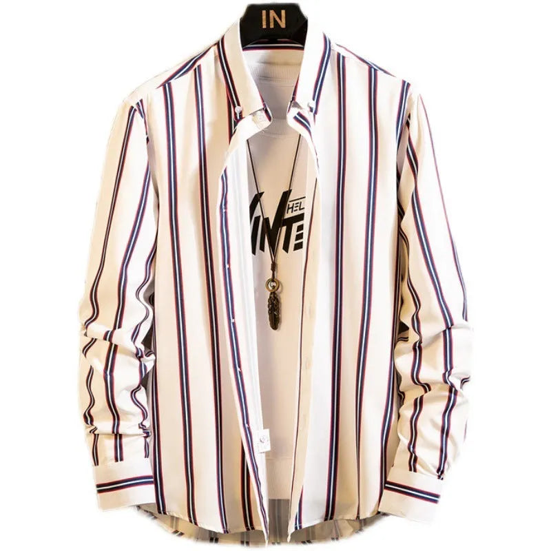 Men's casual striped polyester slim fit cardigan with pointed collar in black and red