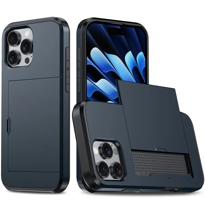 Two-in-one mobile phone case with sliding card holder for iPhone 16, TPU PC anti-drop protective case, available in Black