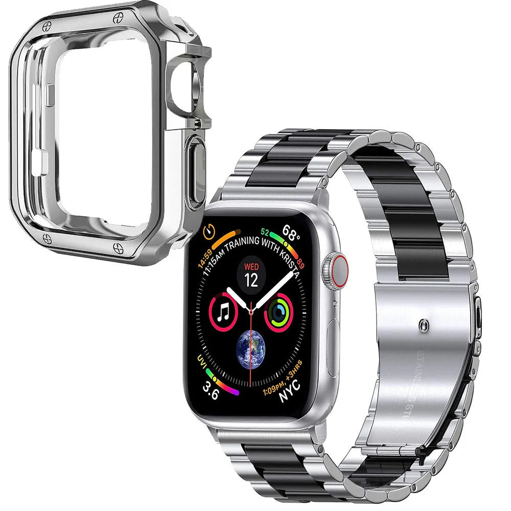 Stainless steel link band and black TPU protective frame for Apple Watch 44mm case