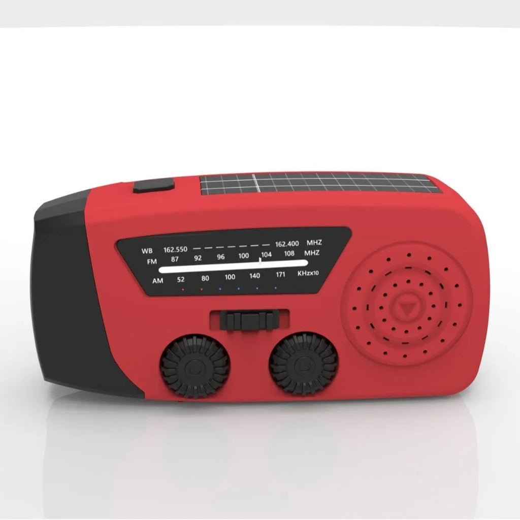 Red rechargeable emergency hand radio with built-in torch and wrist strap for disaster preparedness kits