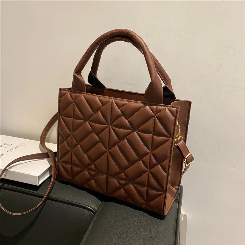 Simple portable large capacity shoulder bag for women retro PU solid colour double straps sandwich pocket