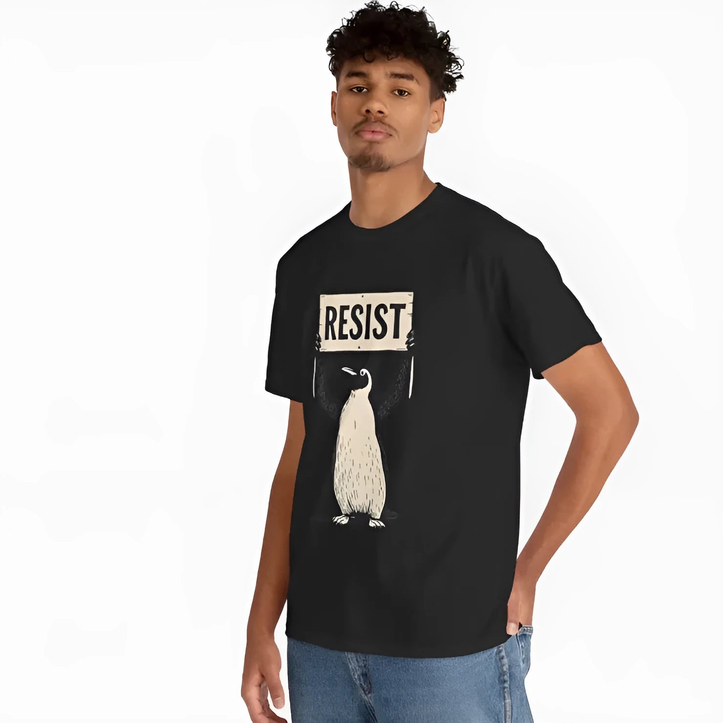Straight cut cotton summer t-shirt in black on a hanger, showing round neck and short sleeves