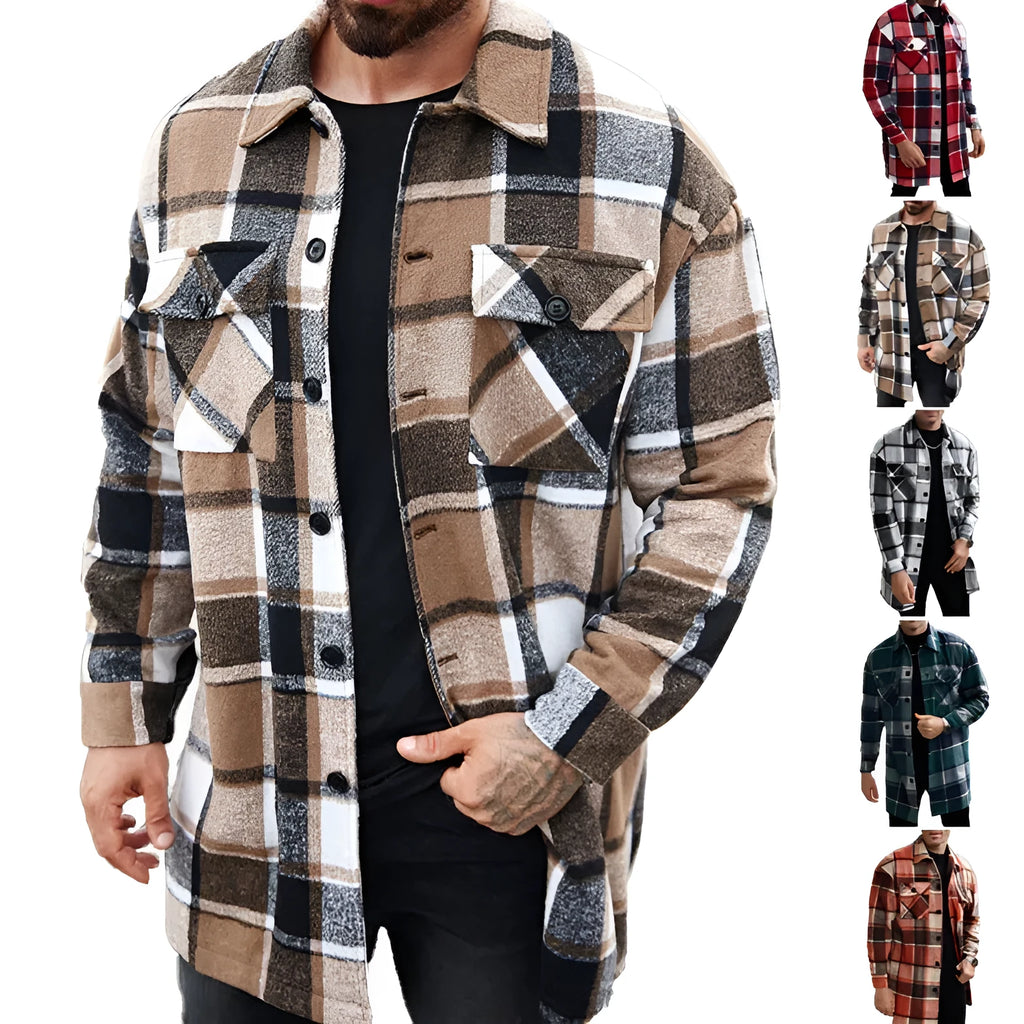 Men's long casual button shirt jacket grid pattern slim fit with double 3D patch pockets in five colours S-XXL
