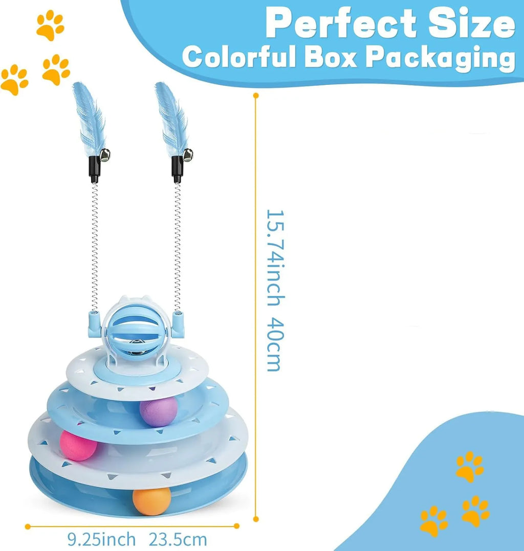 Blue four-tier rotating cat carousel toy with six coloured balls, a top bell, and two teasing rods on a non-slip base.