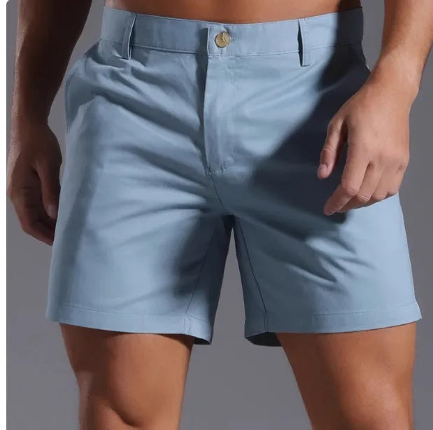 Men's cotton blend sports shorts in straight-leg Korean style with micro-elastic waistband
