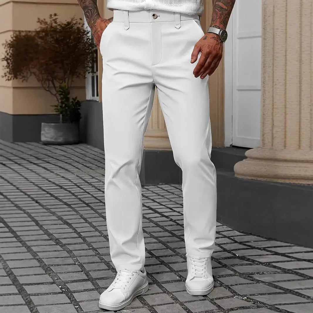 Men's straight leg polyester trousers in four colours: black, apricot, white and grey