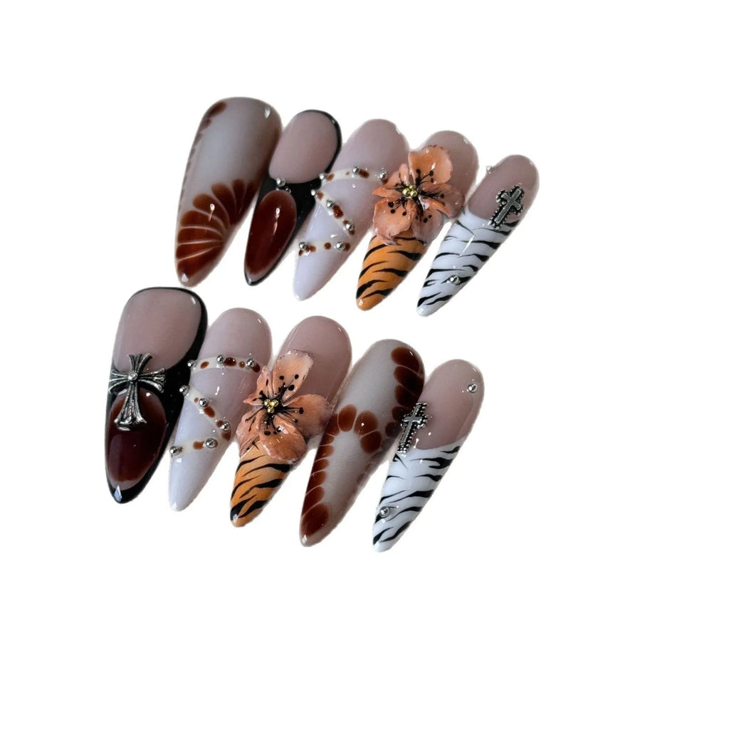 French style leopard print false nails with cross and flower patterns in XS, S, M, L sizes