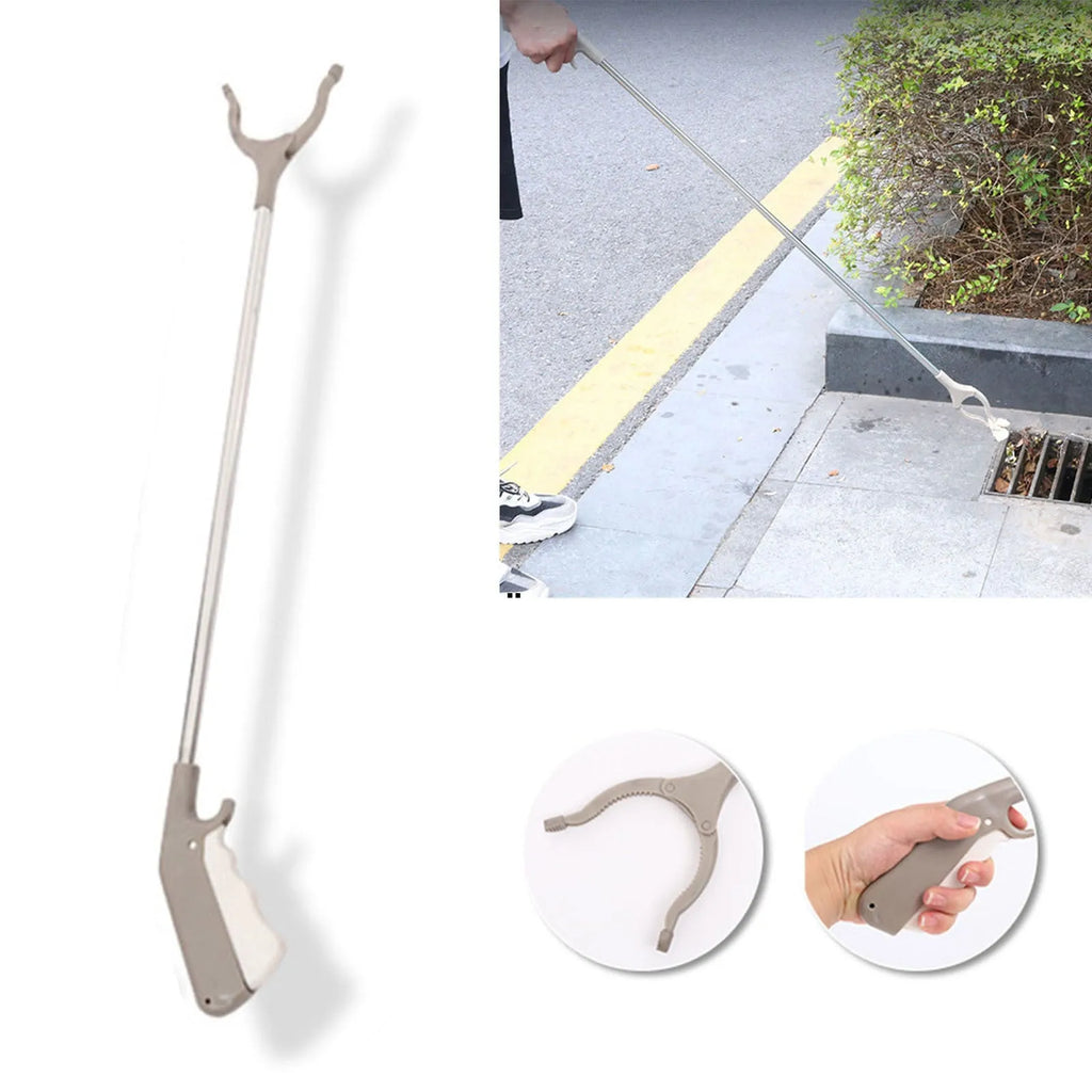 A 40 cm long stainless steel and plastic trash picker tool with a non-slip chuck and push-type handle.