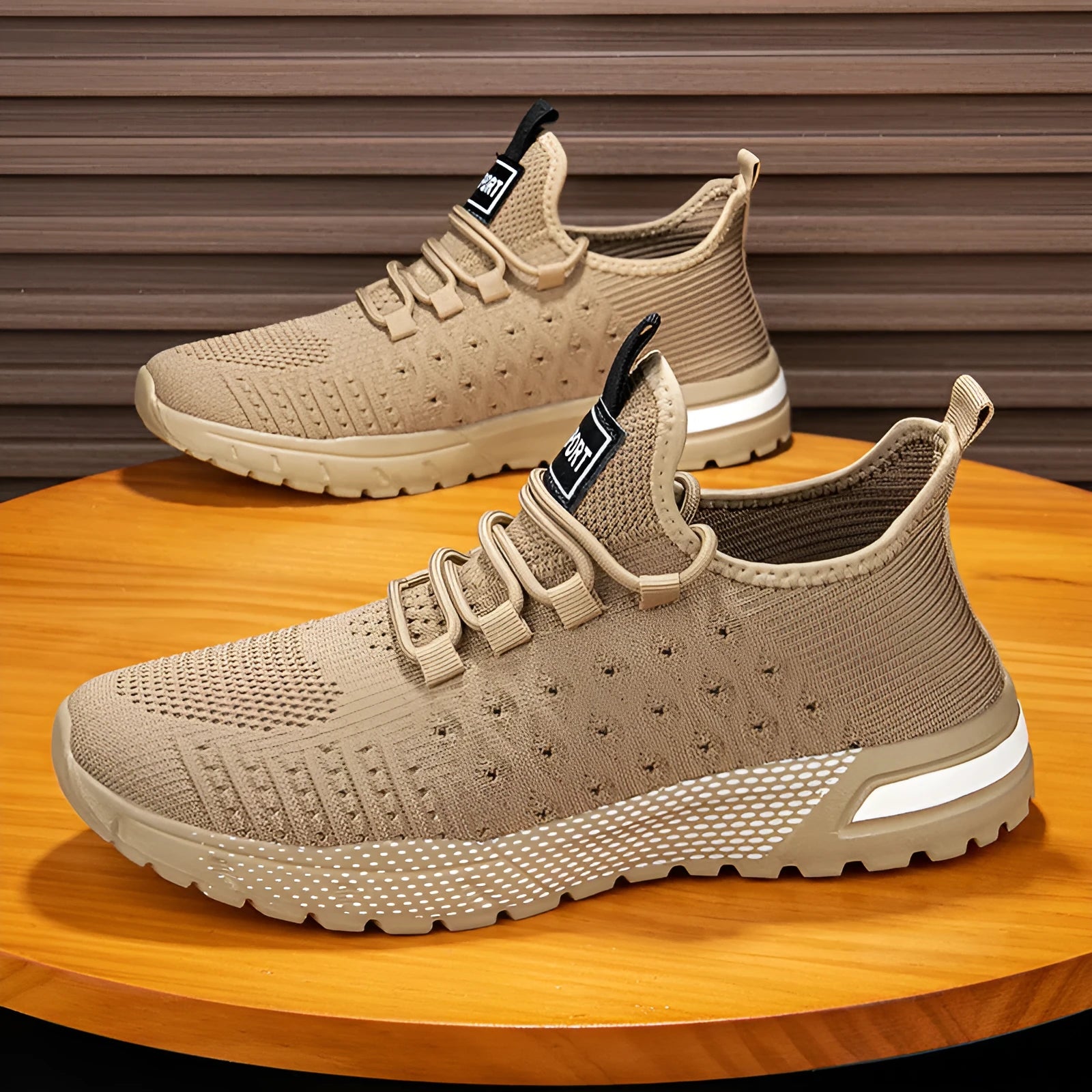 Men's solid colour mesh casual shoes in army green, shown from the side.
