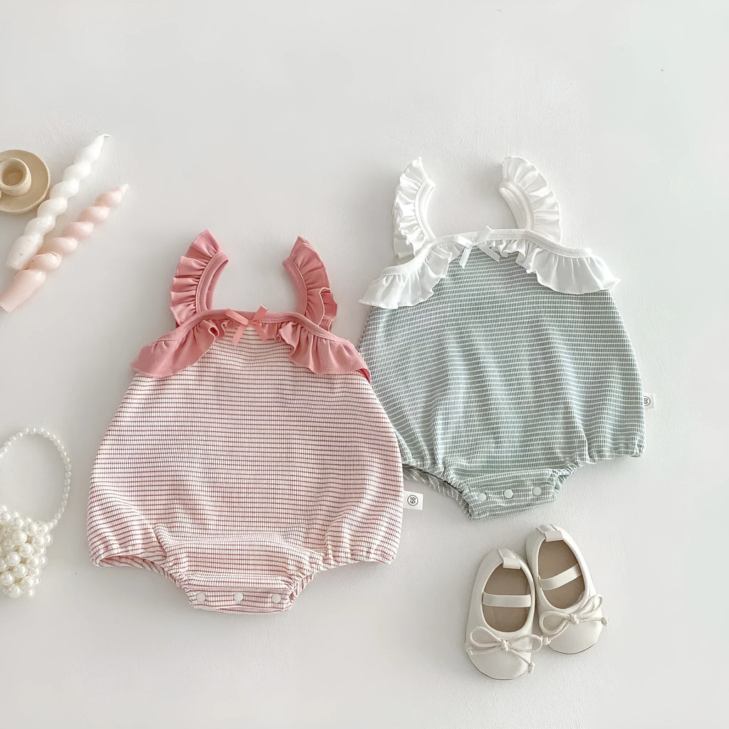 Girls summer jumpsuit in light green or pink, sleeveless cotton triangle romper with ruffle stripes, 66cm to 90cm