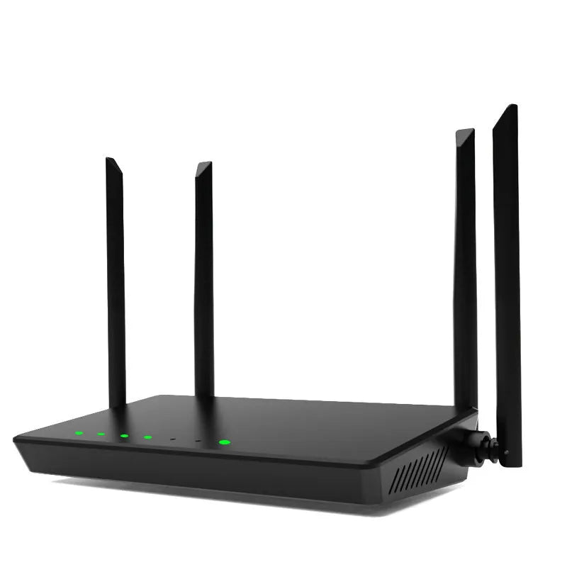 Portable 300-metre home wifi router in black or white with bare metal casing and multiple ports.