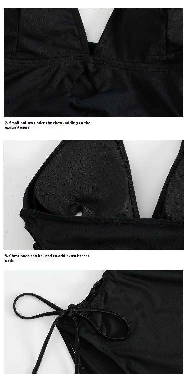 Black women's one-piece swimsuit with V-neck and hollow strap detail.