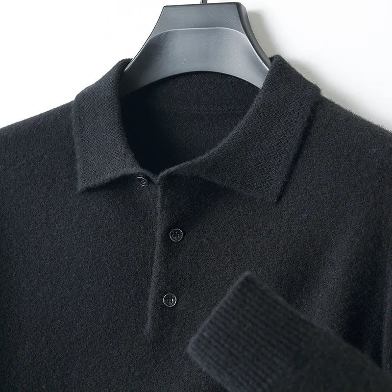 Men's woolen pullover sweater with a polo collar, shown in one of seven available colours.