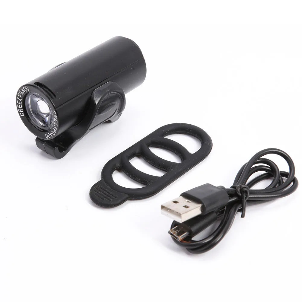 Black USB rechargeable bicycle front light with 350 lumens brightness for mountain bikes