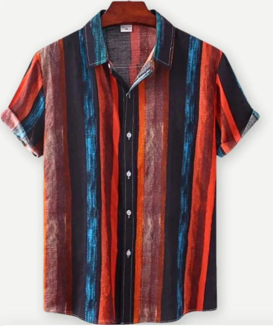 Man's short sleeve Hawaiian floral print shirt with a cardigan lapel, shown in one of 17 available colours.