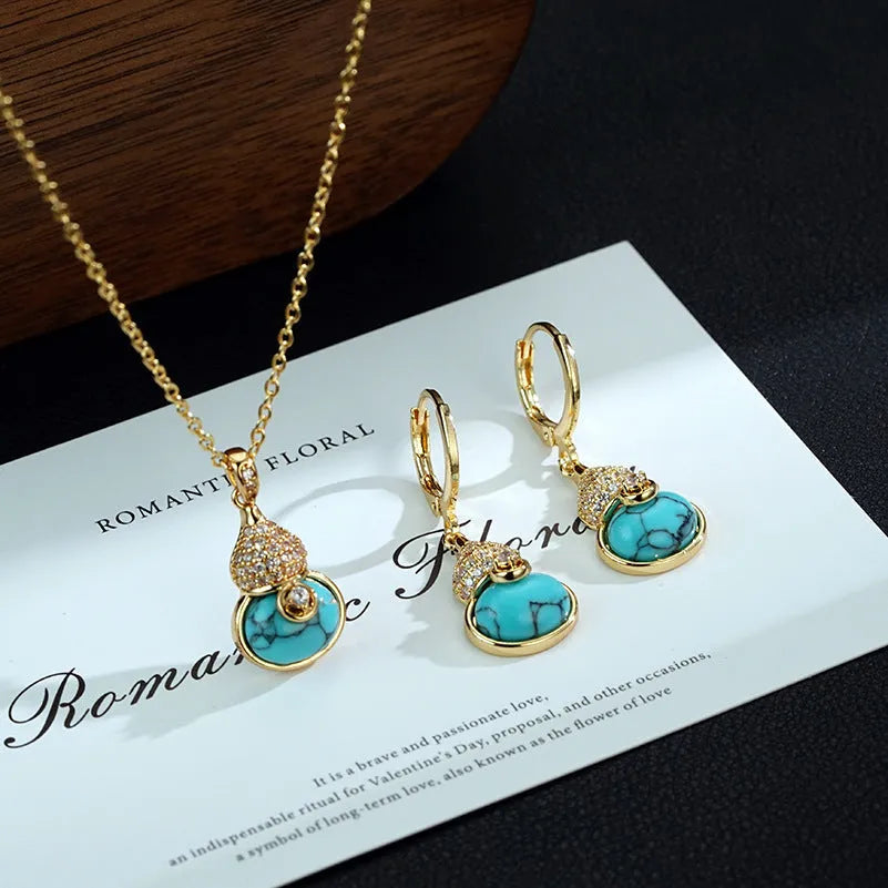 Turquoise gourd earrings and necklace set in brass with 18K real gold plating and electroplated finish