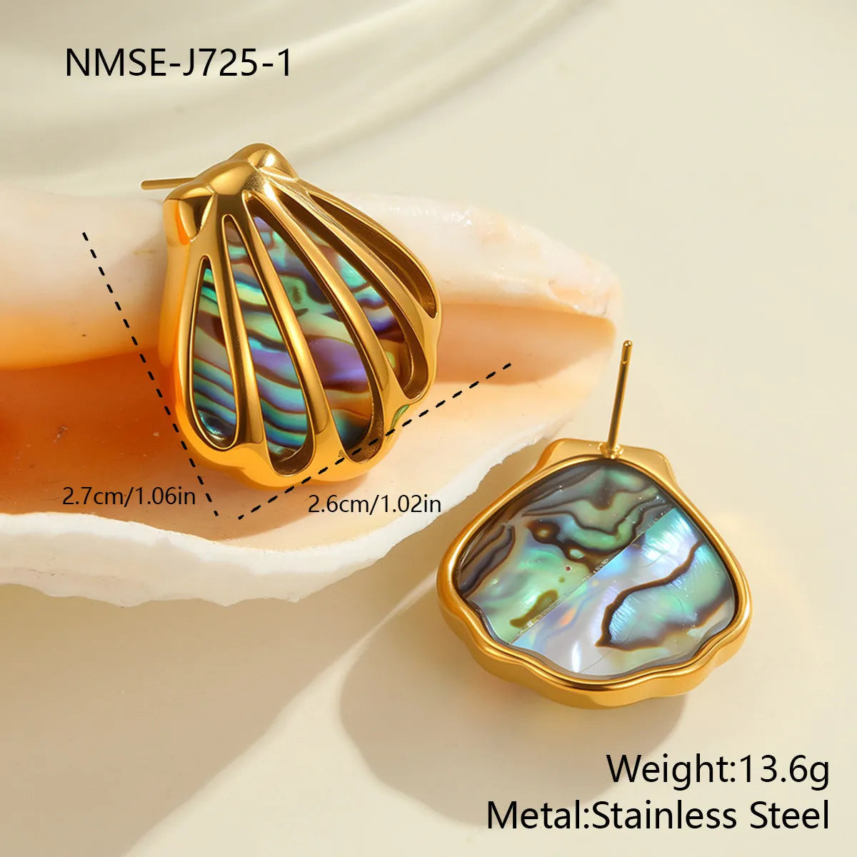 18K gold plated stainless steel scallop shell fan shaped stud earrings and necklace for women