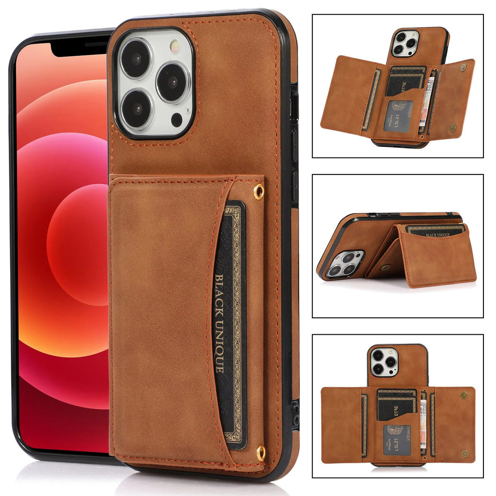 Tri-fold PU leather wallet iPhone case with card sleeve, shown in black, purple, retro red, blue and brown.