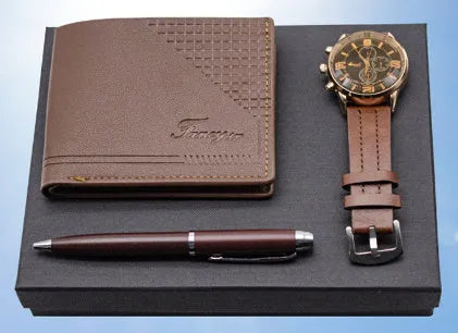 Creative holiday gift set featuring a wallet, pen, and watch inside a modern simplicity style gift box.