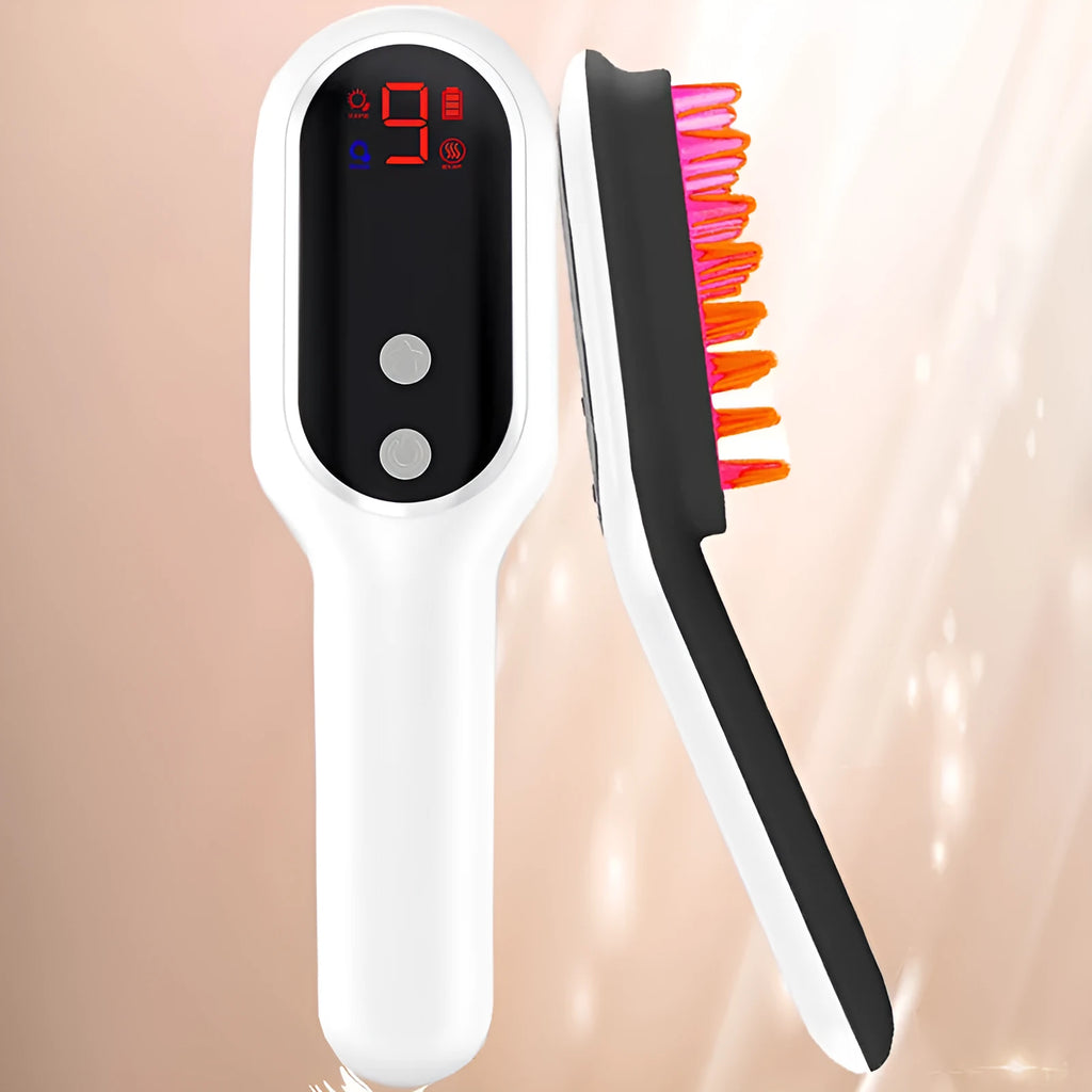 White electric head massager with red and blue light therapy, 26 soft contacts, LED display, and USB rechargeable battery