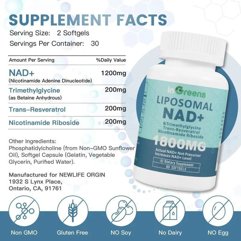 Bottle of nicotinamide mononucleotide NMN gel capsules supplement with 60 or 120 count options.