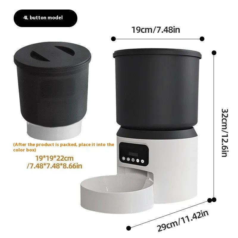4-litre smart pet feeder with LCD display, food bowl, and optional camera on top.