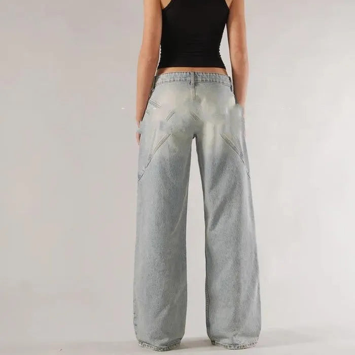 Women's cotton loose straight wide leg mop trousers in blue, light blue and dark grey colour options