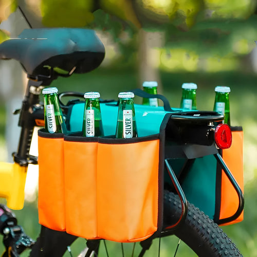 Black and orange bicycle drink bottle bag with two-sided storage compartments mounted on bike frame