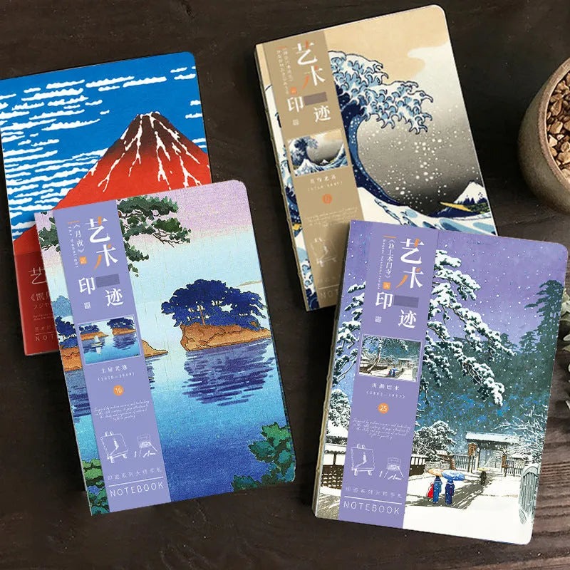 Ukiyo-e series retro artist hand ledger notebook showing Kanagawa wave cover design.