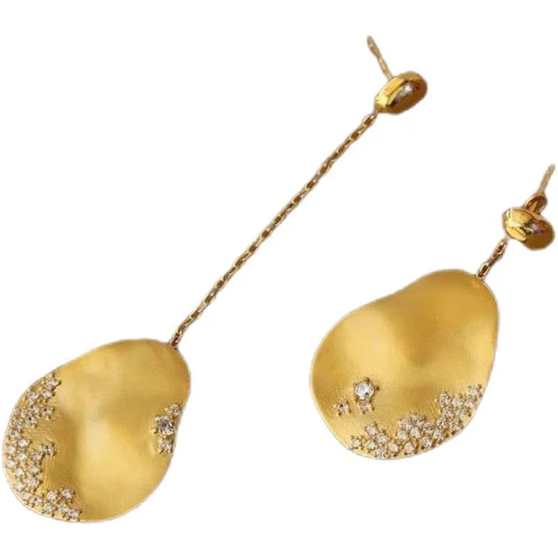 Gold plated asymmetric floral earrings with zircon mosaic detailing in Chinese style design